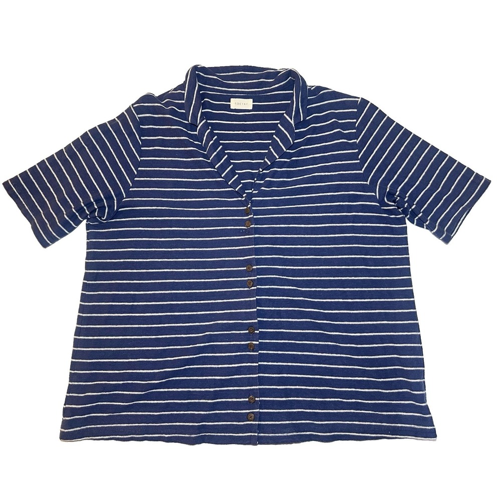 POETRY Women's 12 Navy White Stripe Button Front Short Sleeve Top Nautical